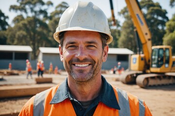 Close portrait of a smiling 40s Australian man construction worker looking at the camera, Australian outdoors construction site blurred background