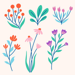 Bright and vibrant floral illustrations with a mix of flowers and leaves, perfect for summer and spring-themed designs. Ideal for invitations, cards, and nature-inspired projects