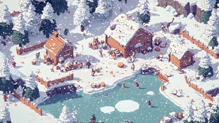 Idyllic Snowy Village by Frozen Lake