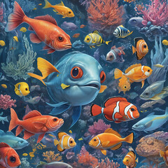 Naklejka premium vibrant,underwater,aquarium,coral reef,tropical fish,clownfish,angelfish,tetras,schools of fish,colorful,stunning,dynamic,photorealistic