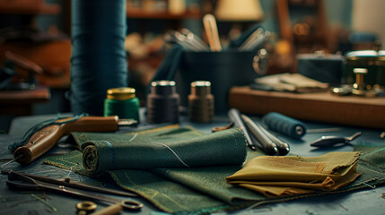 A set of tailoring accessories laid out on a table, showcasing essential tools and materials.