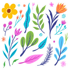 Vibrant and colorful botanical illustration set, stylized flower and leaves perfect for spring or summer-themed projects, invitations, greeting cards, packaging design, and many graphic design needs