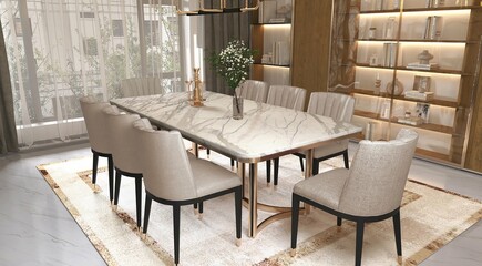 Pleasing dining area with floor and wall decor made of grey marble. There is a rack for kitchen utensils next to the opulent table, which also has candles, a plant as décor and chandelier above it. 3D