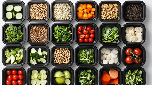A collection of raw vegetables, nuts, and fruits in a meal prep setting on a white background, showcasing organized and healthy eating