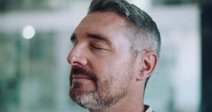 Breathing, business man and meditation for yoga, calm or stress relief with face closeup in office. Break, eyes closed or mature manager relax for rest, zen or practice deep breathe for peace of mind