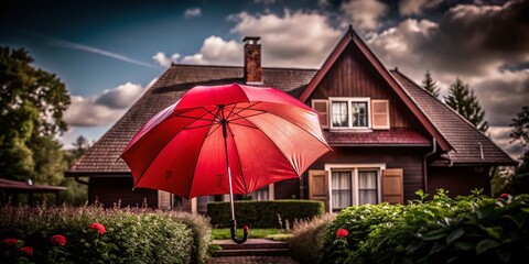 House with Red Umbrella Symbolizing Home Insurance and Protection Concept &ndash; Safe Shelter, Security, Risk Management, Property Coverage, Peace of Mind, Financial Safety, Family Home,