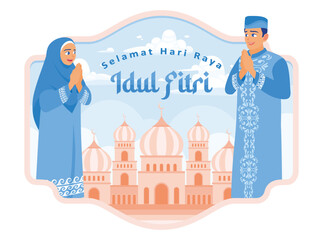 Muslim man and woman standing against the background of a mosque. Say Eid al-Fitr greetings. Ramadan Kareem concept. Flat vector illustration.