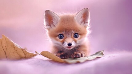 Obraz premium Adorable Baby Fox Cub Sitting on a Leaf
