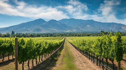 Fototapeta premium Lush Vineyard Rows Under a Blue Sky With Mountain Range in the Distance