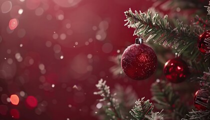Obraz premium Christmas Tree Ornaments Bokeh Lights Red Balls Branches Snowy Winter Scene Christmas New Year Holiday Concepts Festive Copy Space