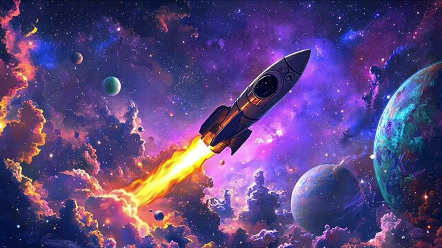 A vibrant cartoon space background with rockets, planets, and stars, with playful, colorful details and a fun cosmic vibe