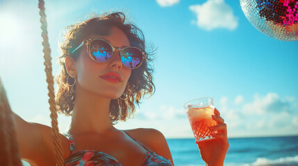 A stylish woman in retro sunglasses and a swimsuit sits on a swing at the beach, sipping a cocktail under a disco ball. This artistic collage represents summer, vacation, travel, and fun.