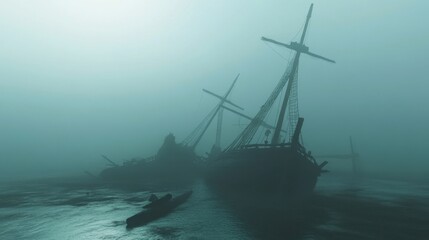 Obraz premium Ghostly Shipwreck in the Foggy Abyss