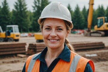 Close portrait of a smiling 40s Belarusian woman construction worker looking at the camera, Belarusian outdoors construction site blurred background