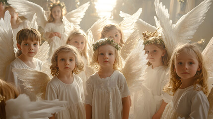 A group of children dressed as angels during a Christmas pageant at a local church.