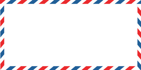 Airmail envelope frame with blue and red stripes on white background. International vintage letter border. Retro air mail postcard. Blank envelope.