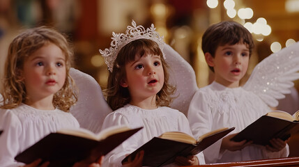 A group of children dressed as angels singing Christmas carols in a church during a holiday service.