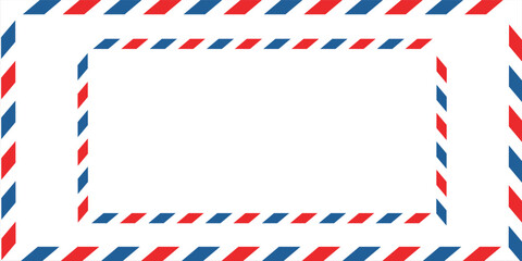 Obraz premium Airmail envelope frame with blue and red stripes on white background. International vintage letter border. Retro air mail postcard. Blank envelope. vektor