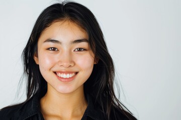 Portrait of smiling Asian woman with black hair and brown eyes.
