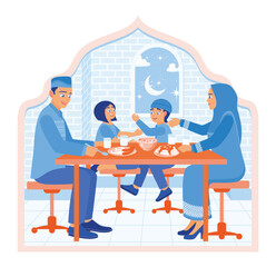 Muslim families eat sahur together. Preparation before fasting. Ramadan Kareem concept. Flat vector illustration.