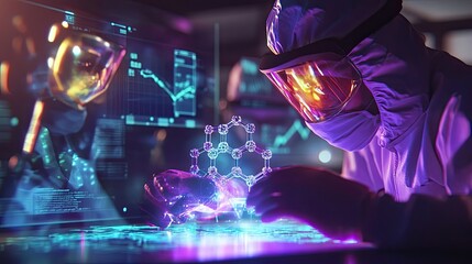 A Scientist in a Protective Suit Examining a Molecular Model in a Neon Lit Lab - Powered by Adobe