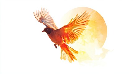 Fototapeta premium Orange Bird with Spread Wings Flying Towards a Yellow Circle