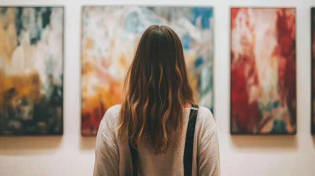 A young woman admires abstract paintings at an art gallery.