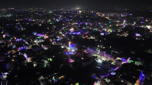 Drone view of fireworks in an Indian city on the occasion of Diwali