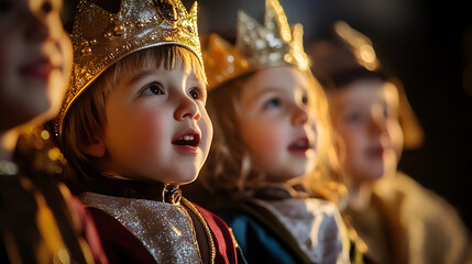 A group of children reenacting the journey of the three wise men following the star to Bethlehem.
