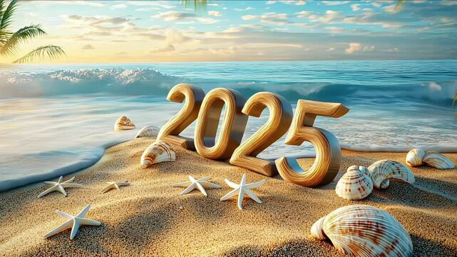 Tropical New Year beach scene with 2025 spelled out in the sand, vibrant sunset, and seashells, perfect for New Year's Eve beach party promotions