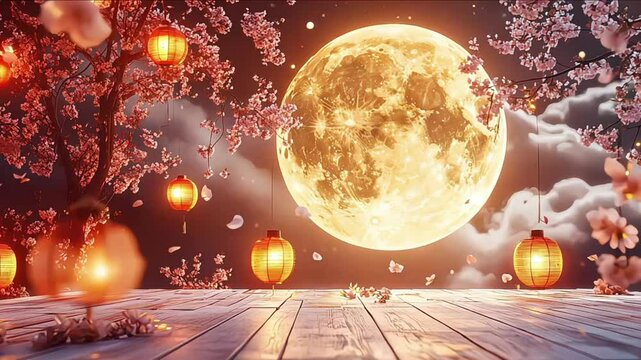 Traditional Lunar New Year 2025 with glowing lanterns, a full moon, and ornate gold patterns framing a festive scene