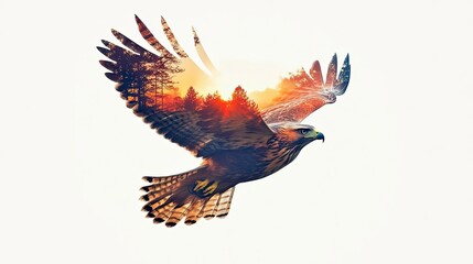 Obraz premium A Hawk in Flight with a Forest and Sunset Overlay