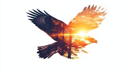 Obraz premium Eagle Silhouette with Overlaid Forest and Sunset
