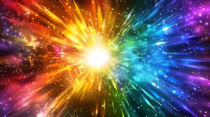 Naklejka premium Vibrant fireworks display against dark night sky symbolizing new beginnings, dynamic burst of light captured with wide-angle lens, ample copy space for text or design elements.