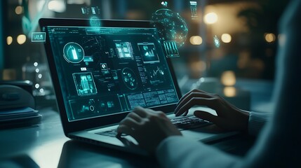 Fototapeta premium A person is using their laptop to create an AI desktop