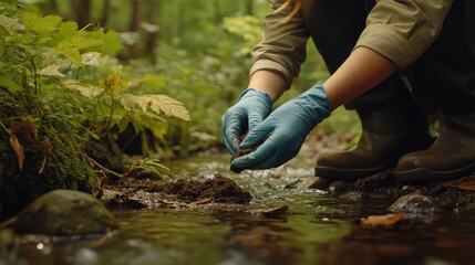 Close-up of hands in blue gloves holding soil over a small stream in a forest.