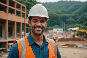 Close portrait of a smiling 40s Costa Rican man construction worker looking at the camera, Costa Rican outdoors construction site blurred background
