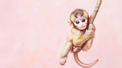 Adorable Baby Monkey Hanging on a Branch Against a Pink Background