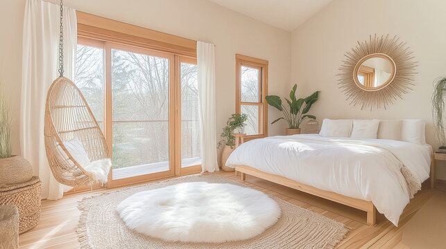 Cozy, feminine bedroom with soft pink bed linens, pastel and warm colors, a hanging chair, a sunburst mirror on the wall, wooden floorboards, small plants in vases, pink curtains, and a large, fluffy