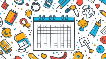 Colorful School Supplies and Calendar Doodle Background