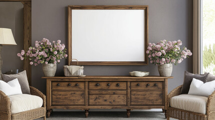 Stylish and inviting living room with a blank poster frame, wooden console, blooming flowers, and personal touches. Modern home decor template.