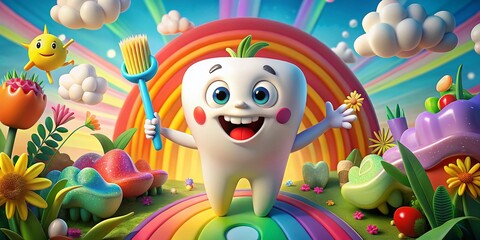 Naklejka premium Joyful Cartoon Tooth with Toothbrush in Heartwarming Scene