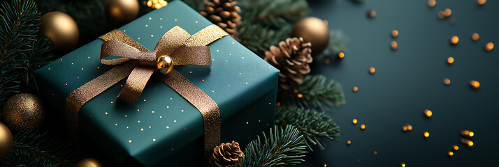 Elegant holiday-themed image with an empty, dark background on the right , perfect for adding text, with a festive gift box on the  left .