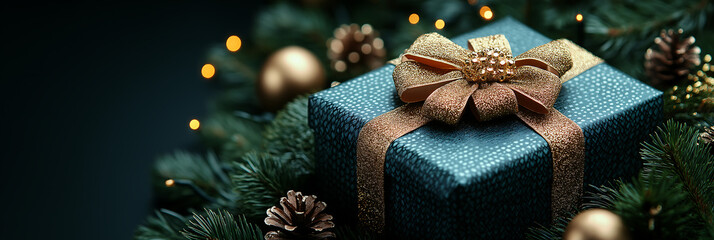  Empty background on the left, designed for holiday wishes, with hints of dark green and gold accents on the right. Banner.