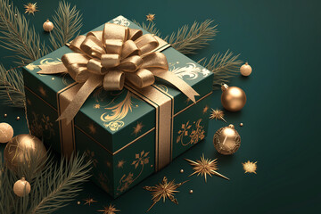 Close-up of a dark green gift box with a shiny golden bow creates a rich and warm backdrop ideal for New Year's wishes.