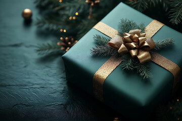  A holiday banner featuring evergreen branches, a dark green gift box, and a golden bow, leaving space on the left for custom text.