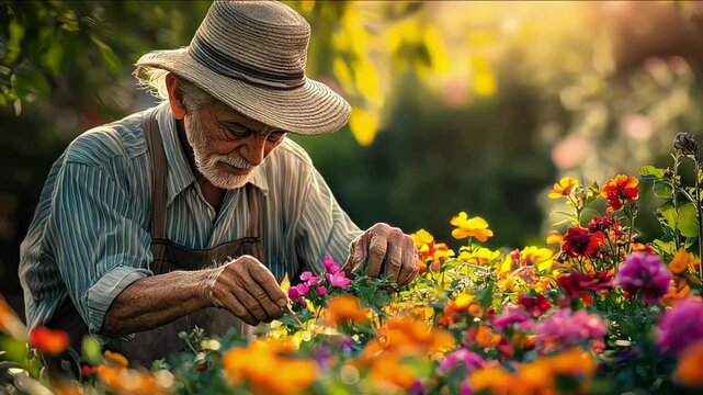 An elderly man in a hat takes care of flowers in his home garden
