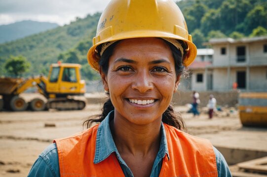 Close portrait of a smiling 40s East Timorese woman construction worker looking at the camera, East Timorese outdoors construction site blurred background