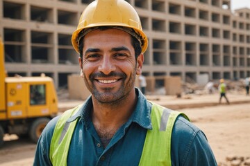 Fototapeta premium Close portrait of a smiling 40s Egyptian man construction worker looking at the camera, Egyptian outdoors construction site blurred background