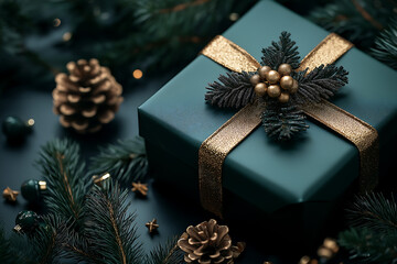 A festive background with Christmas tree branches circling around a dark green gift box and a golden bow is ideal for a holiday card.